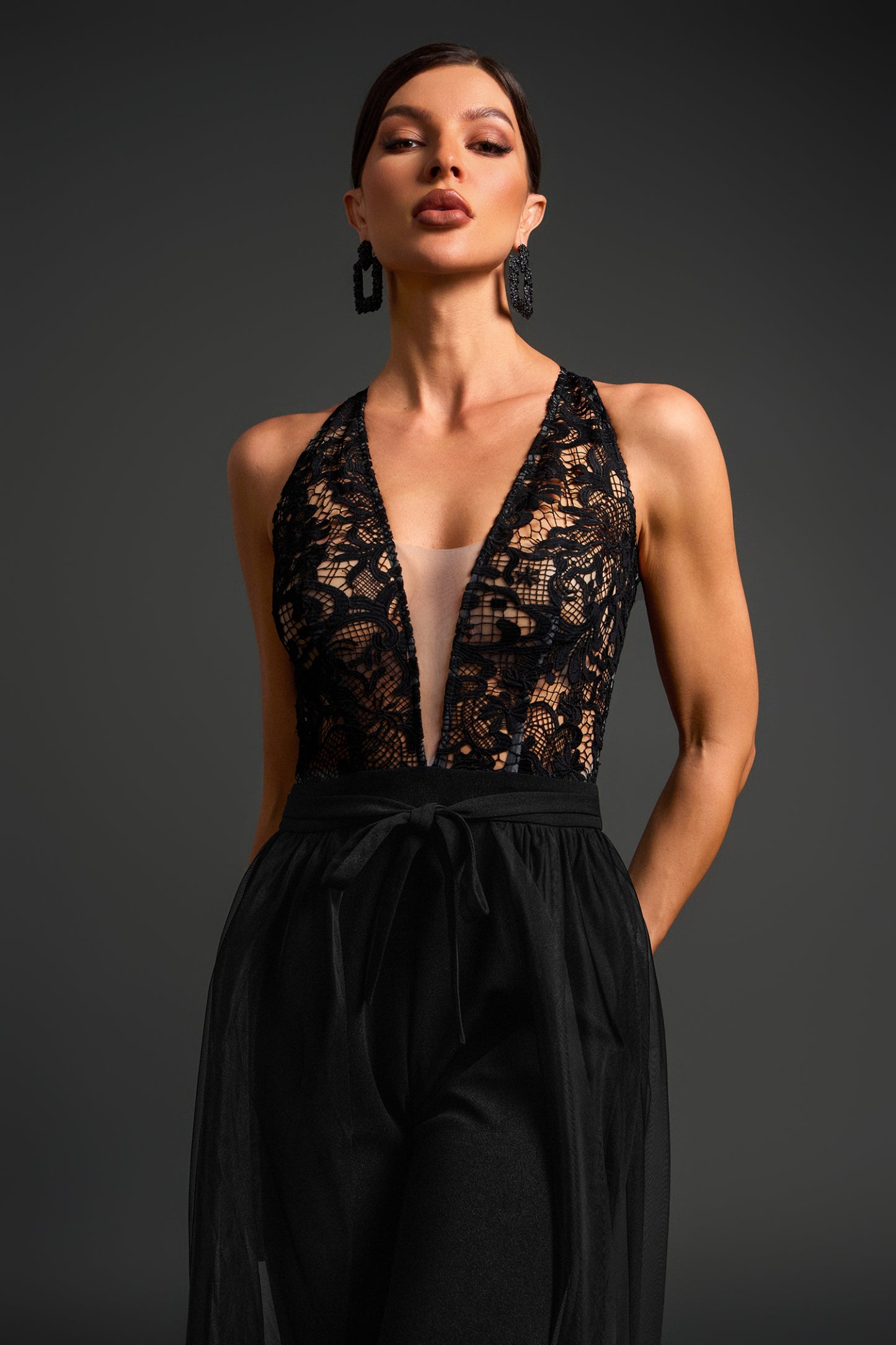 Zaina Deep V Lace Sleeveless Jumpsuit