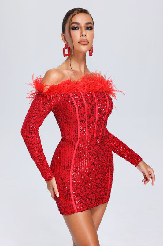 Wooh Feather Sequin Mini Dress   Red