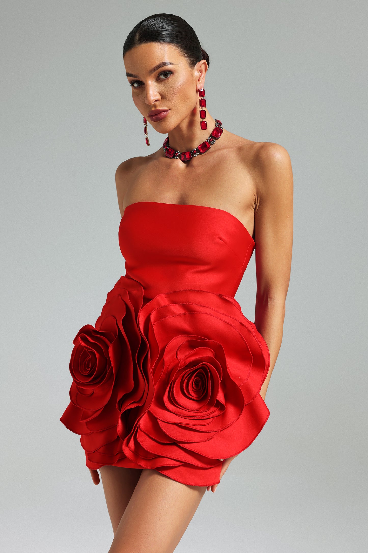 Shaha Flowers Tube Top Mini Dress   Red