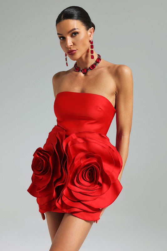 Shaha Flowers Tube Top Mini Dress   Red