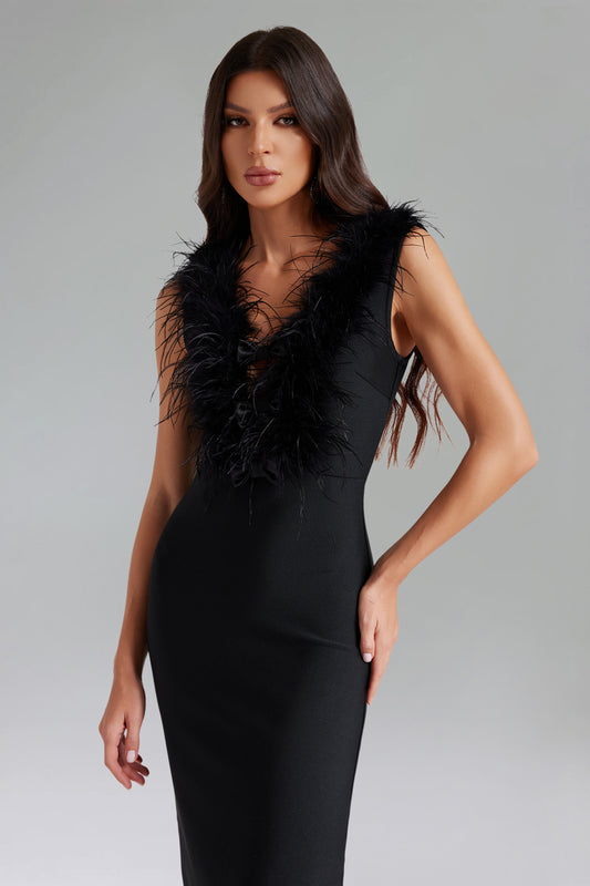 Lorraine Feather V Neck Bandage Midi Dress