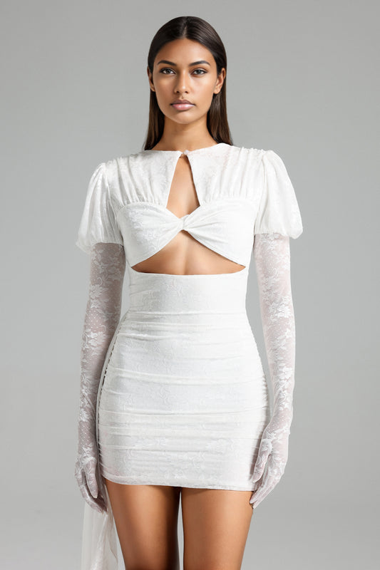 Finch Flower Cut Out Puff Sleeves Mini Dress   White