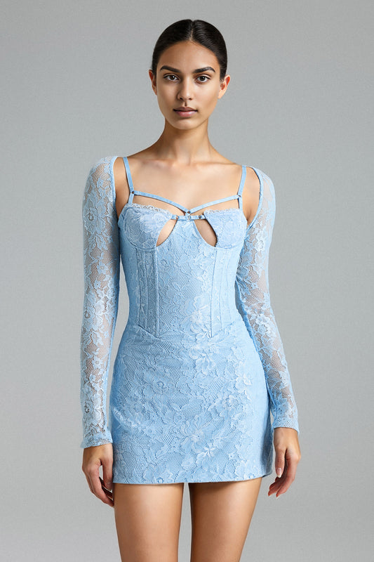 Urania Flower Lace Cut Out Mini Dress   Blue