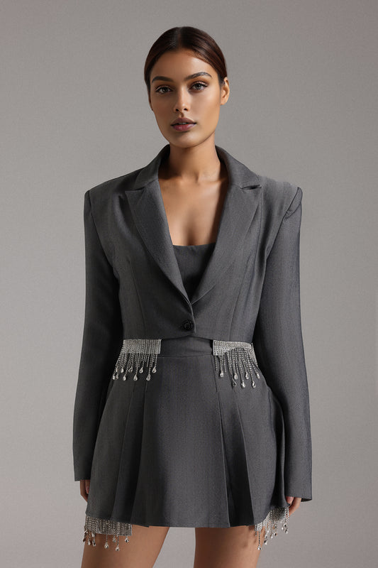 Jacova Diamante Fringe Blazer Set Gery