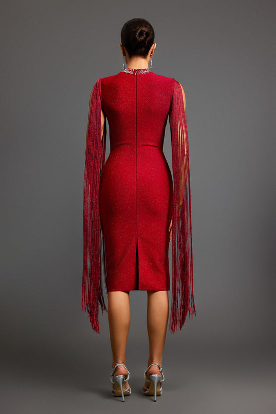 Plume Round Neck Hollow Diamond Bandage Midi Dress