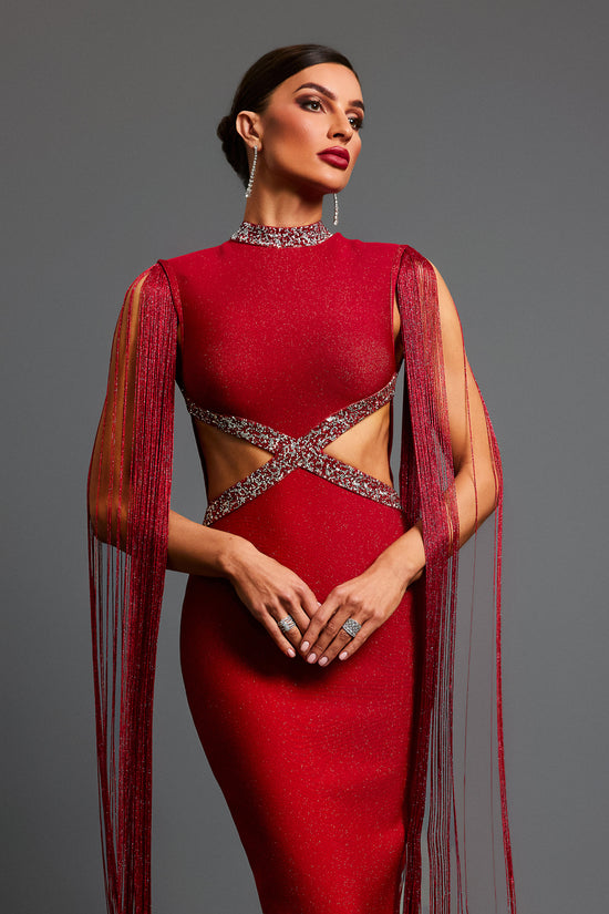 Plume Round Neck Hollow Diamond Bandage Midi Dress