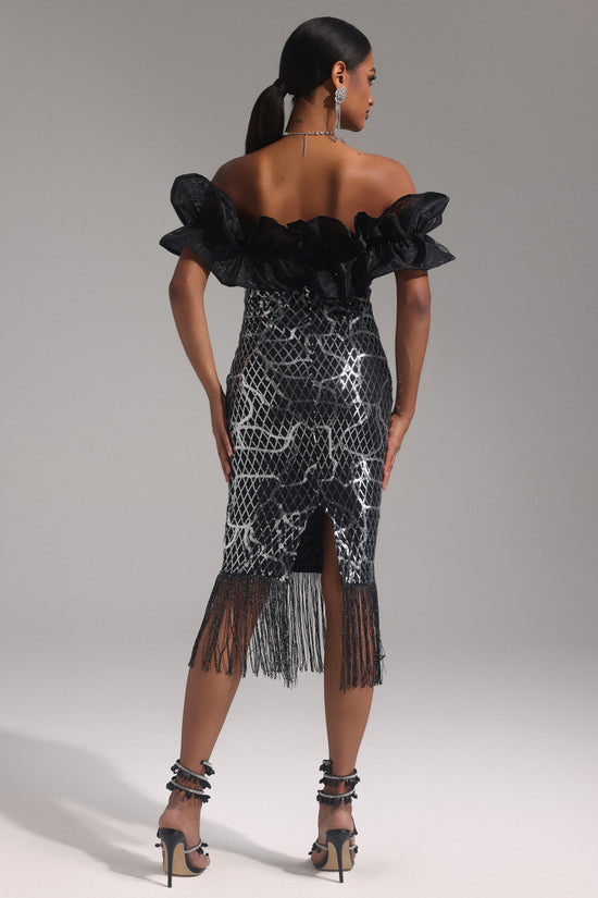 Pippa Off the Shoulder Sequin Flounce Tassel Midi Dress