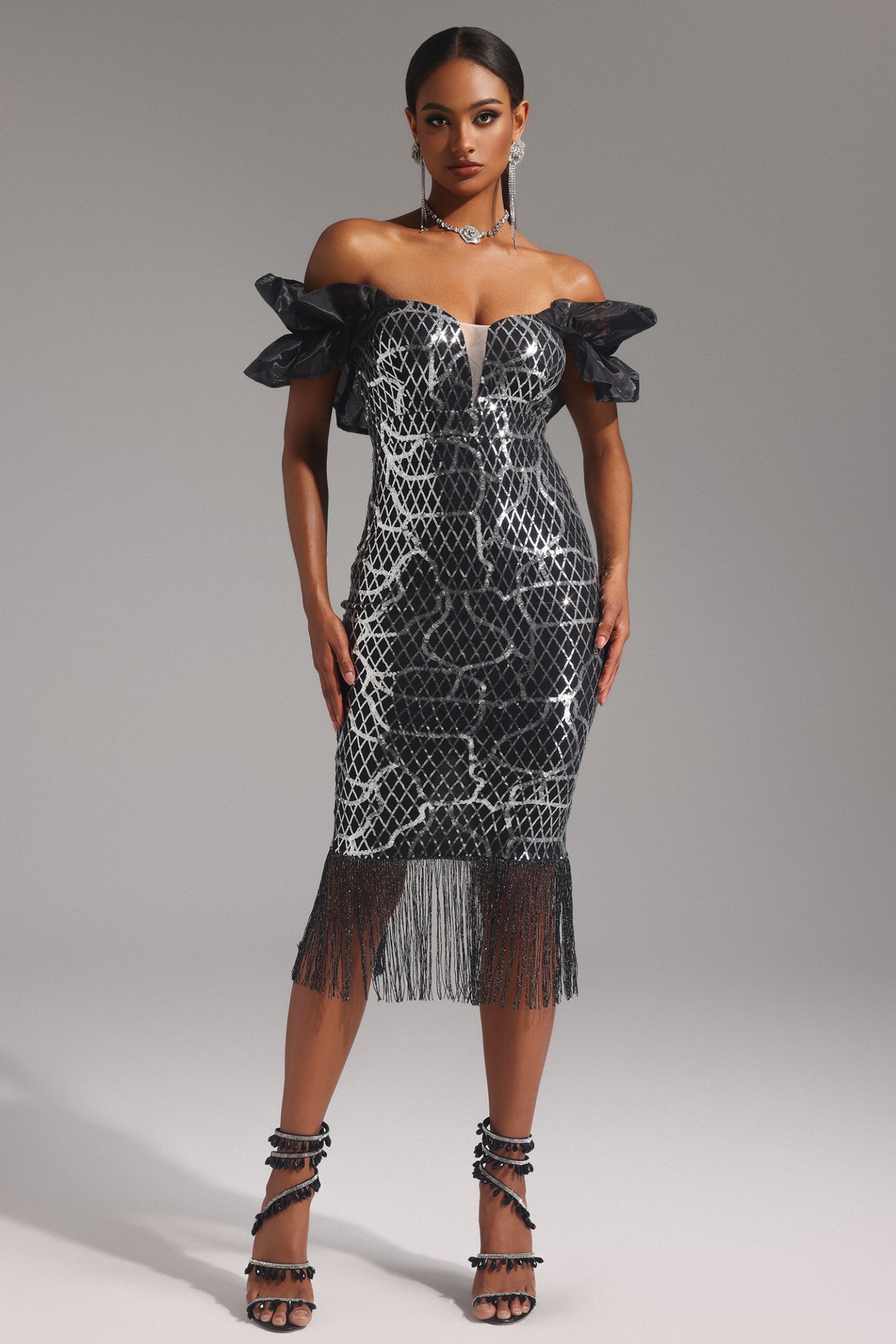Pippa Off the Shoulder Sequin Flounce Tassel Midi Dress