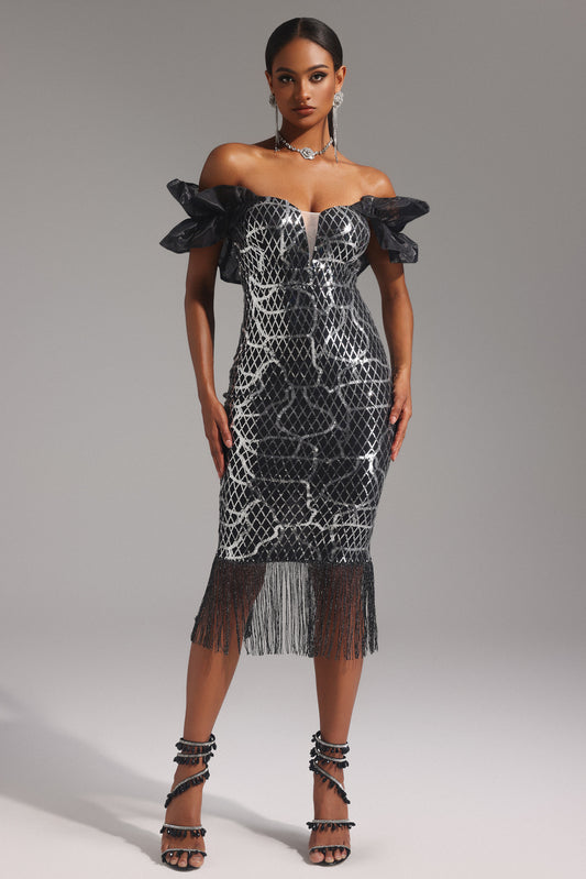 Pippa Off the Shoulder Sequin Flounce Tassel Midi Dress