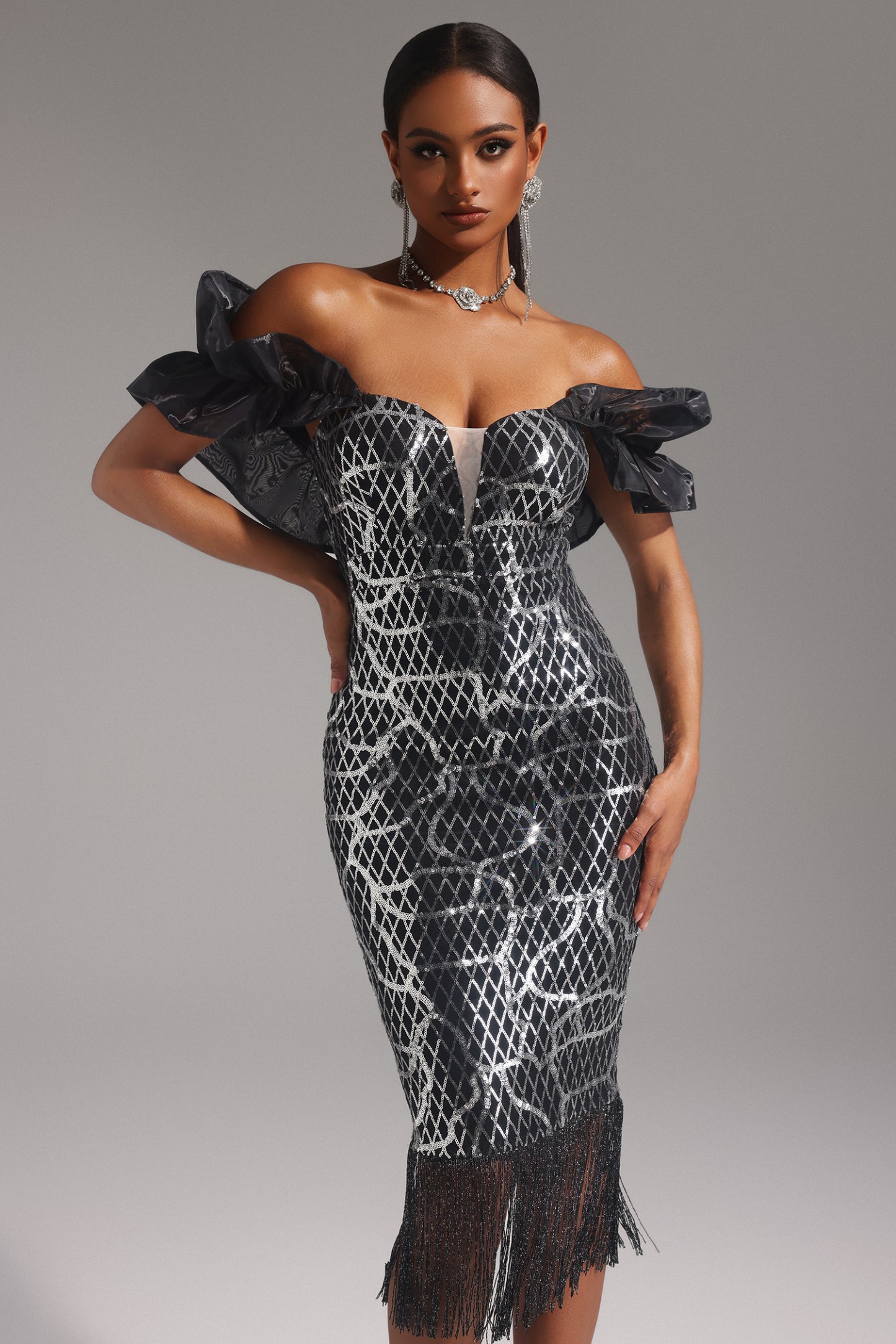 Pippa Off the Shoulder Sequin Flounce Tassel Midi Dress