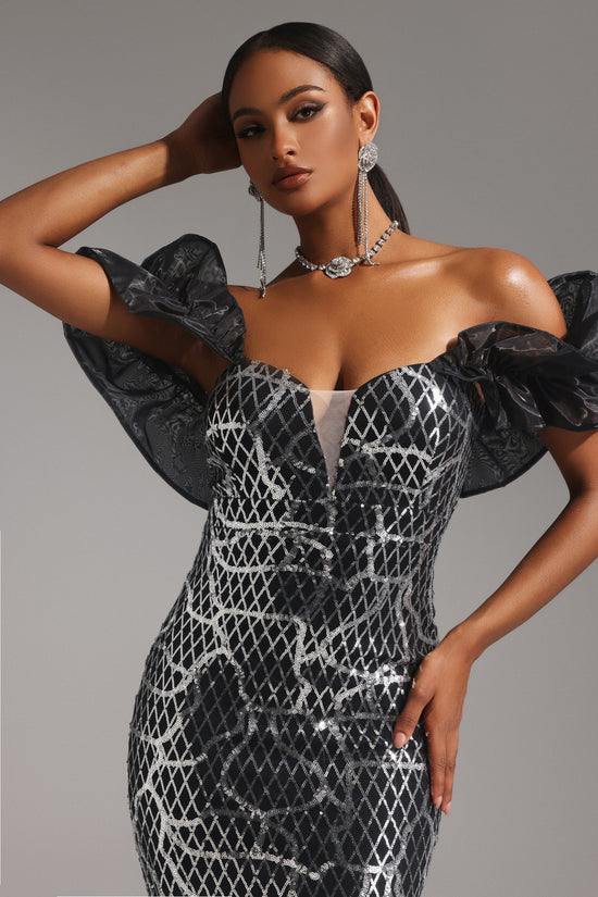 Pippa Off the Shoulder Sequin Flounce Tassel Midi Dress