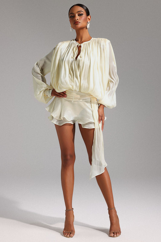 Women wearing short white dress, with 3D design on a gray background