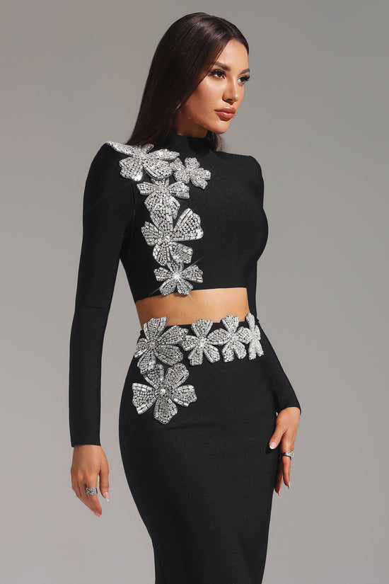 Ulama Choker Long Sleeve Diamond Flowers Bandage Maxi Two-Piece Set