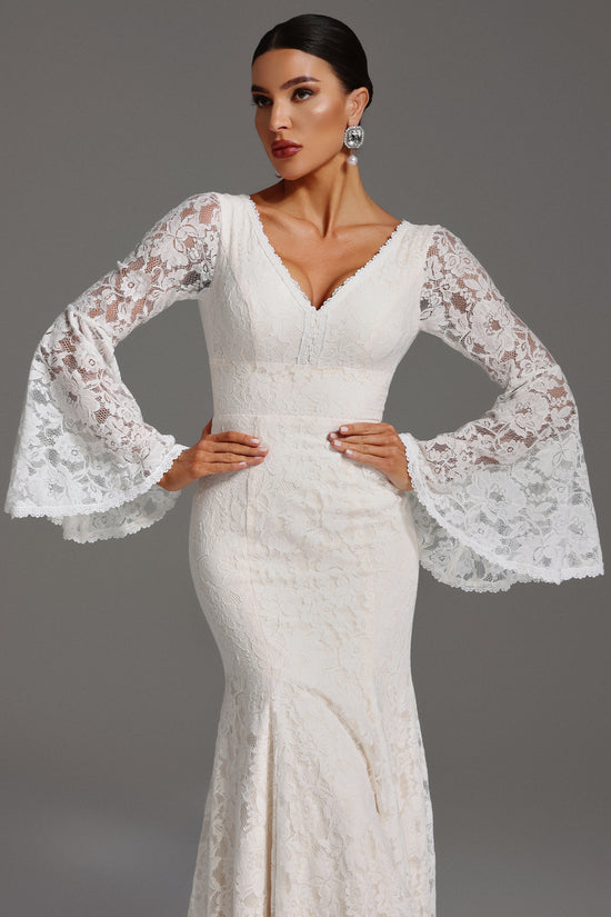 Izara V-Neck Long Sleeve Backless Lace Maxi Dress