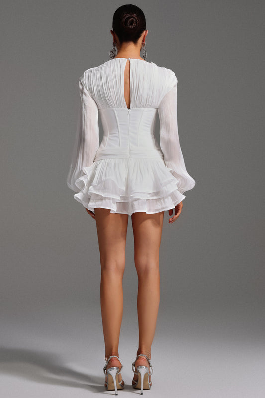 Gerasa Long Sleeve V Neck Flowers Flounce Mini Dress