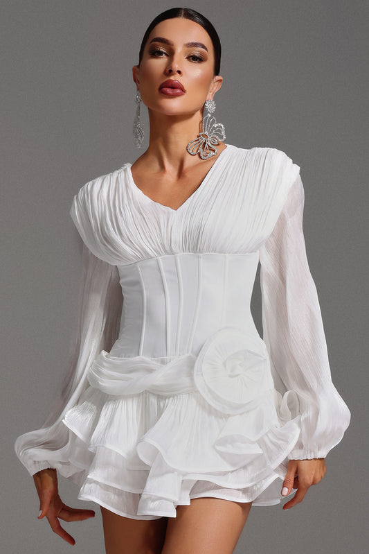 Gerasa Long Sleeve V Neck Flowers Flounce Mini Dress