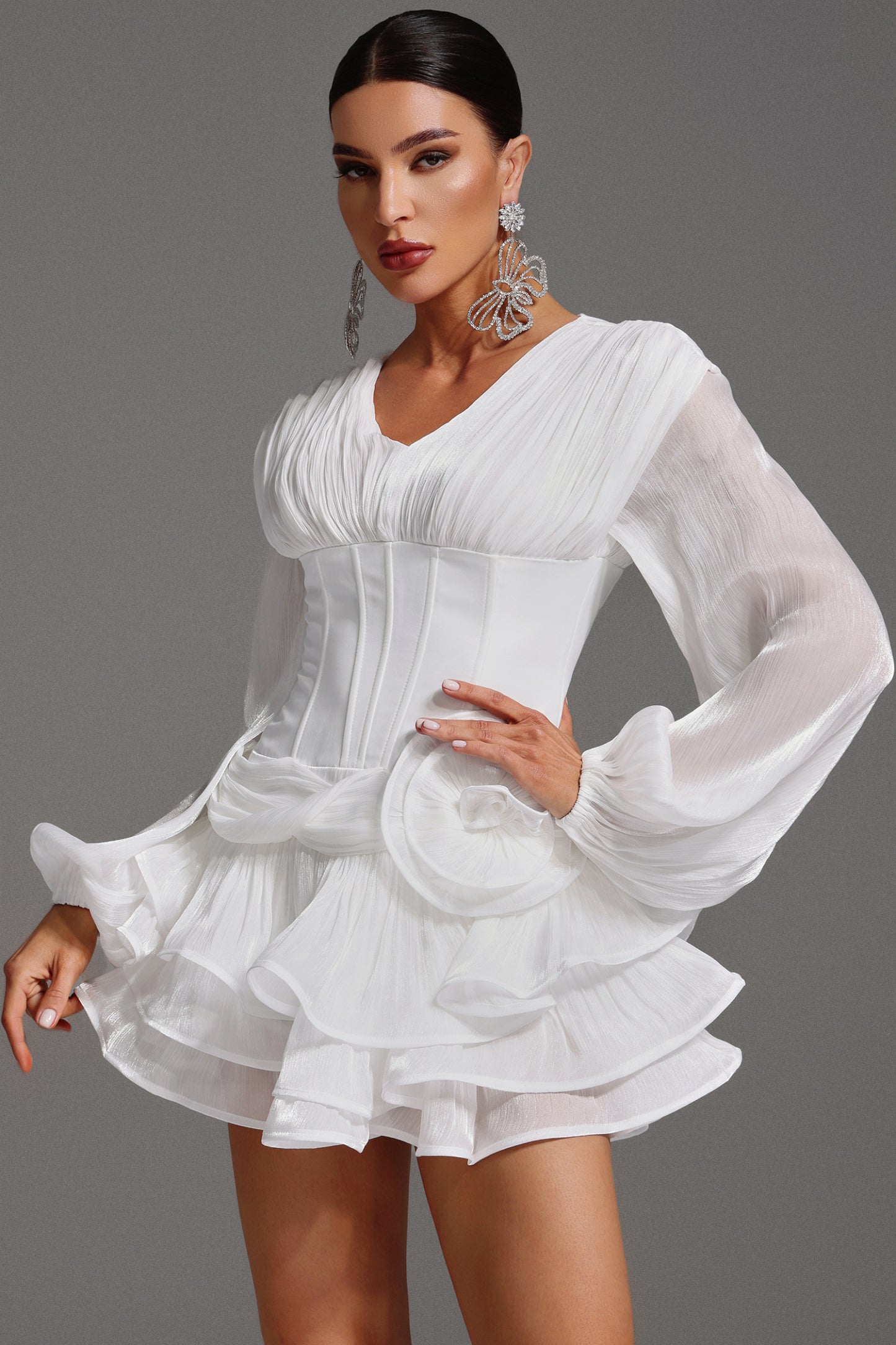 Gerasa Long Sleeve V Neck Flowers Flounce Mini Dress