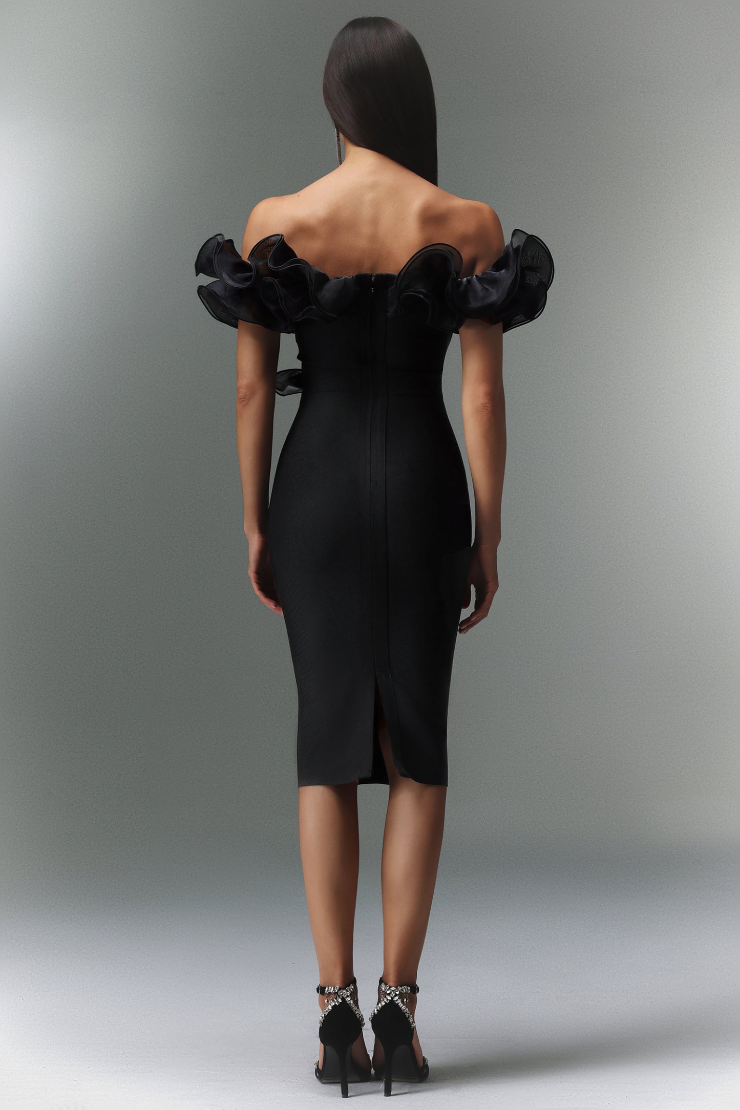 Leanna Off The Shoulder Flounce Bandage Midi Dress