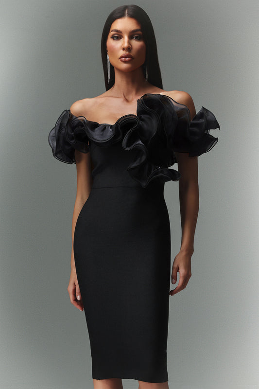 Leanna Off The Shoulder Flounce Bandage Midi Dress