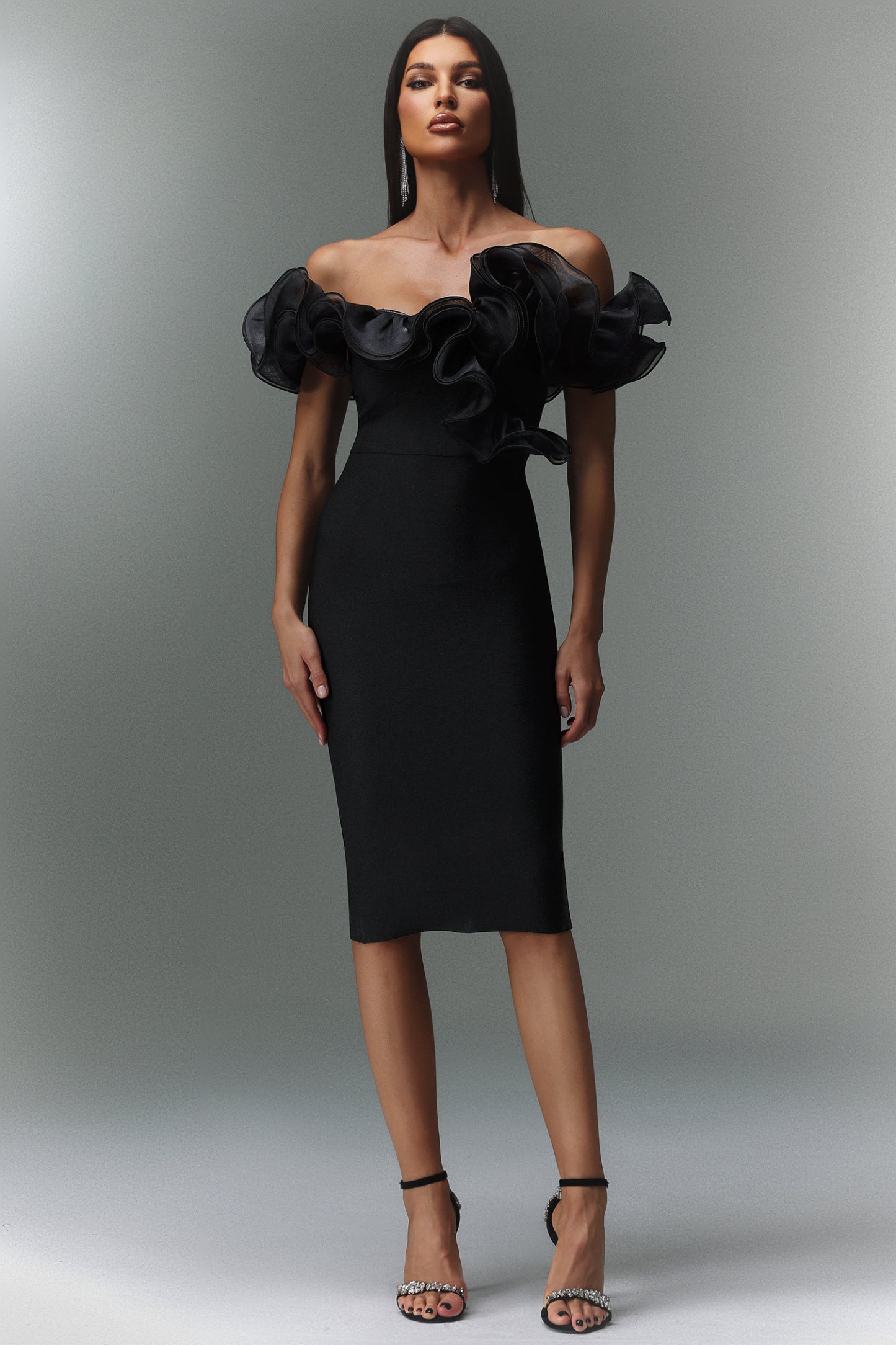 Leanna Off The Shoulder Flounce Bandage Midi Dress