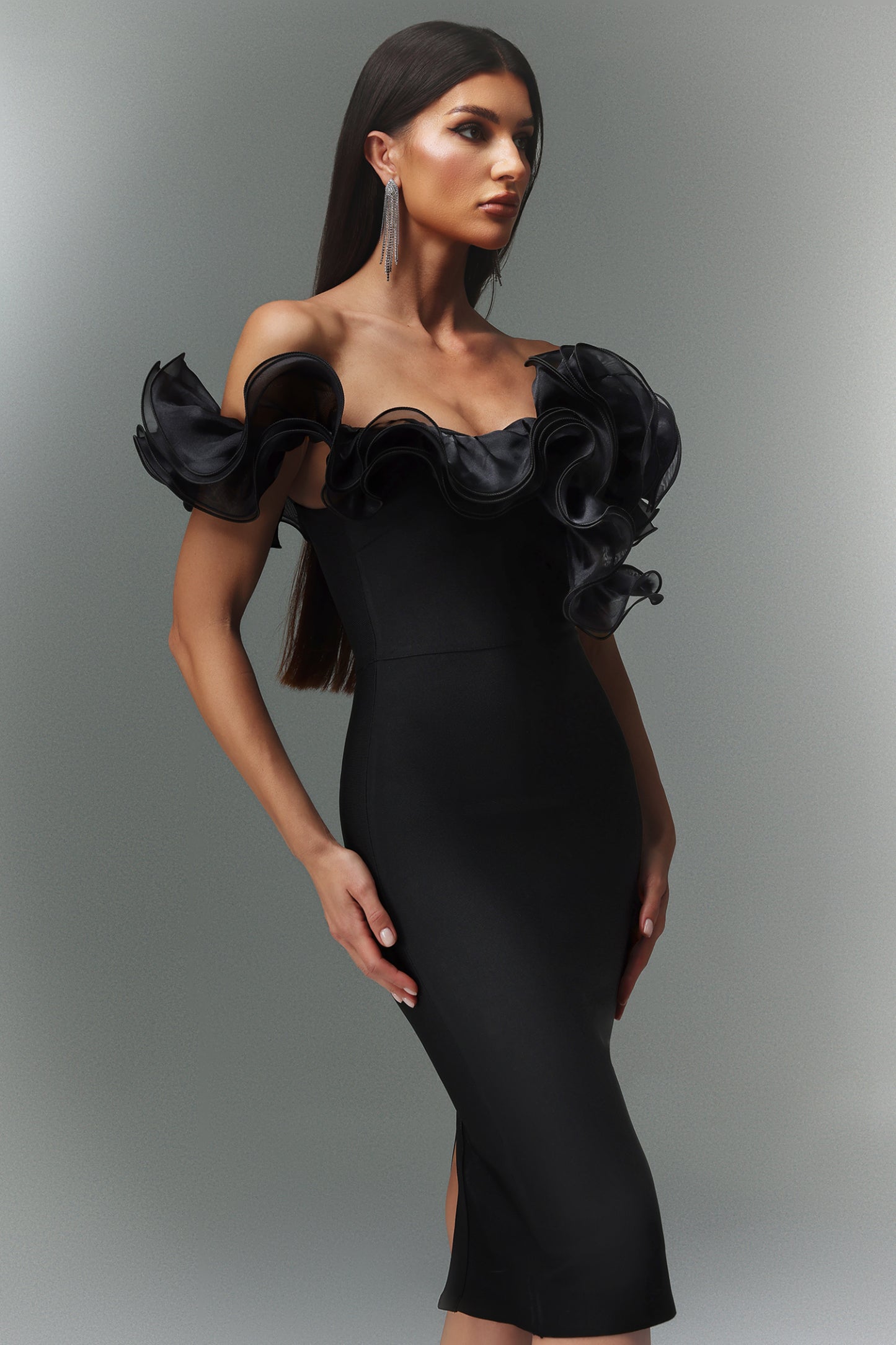 Leanna Off The Shoulder Flounce Bandage Midi Dress