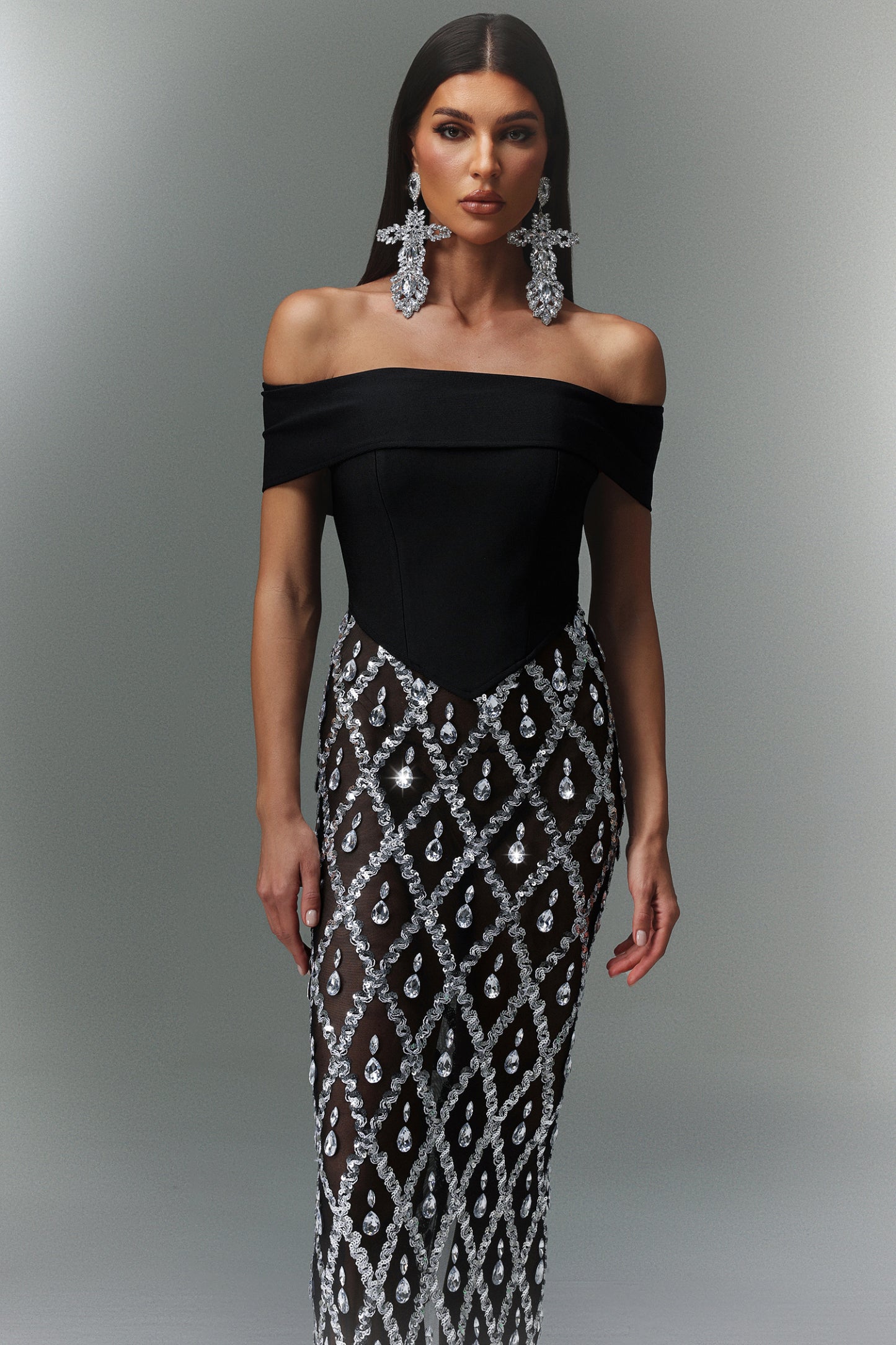 Masaka Off-The-Shoulder Diamond Maxi Dress
