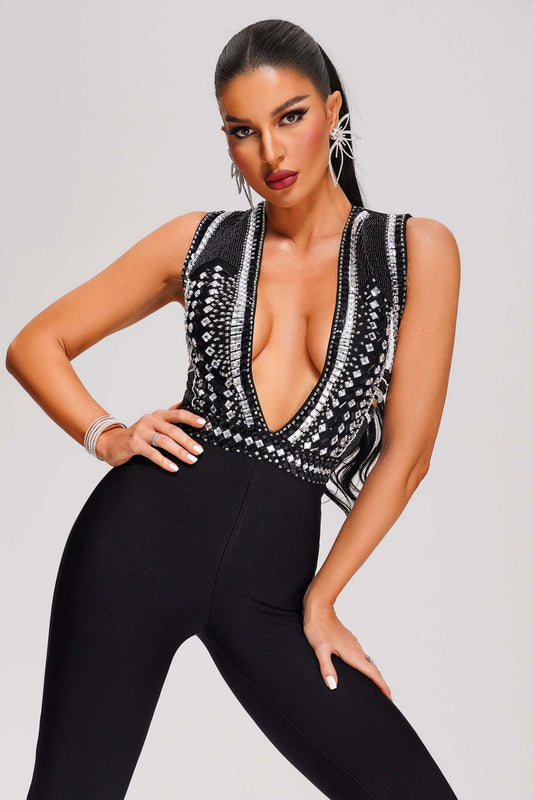 Kimo Diamante Deep V Bandage Jumpsuit