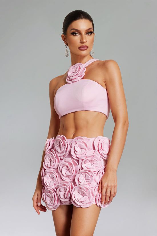 Ezgi Flower Halter Top Mini Skirt Set   Pink