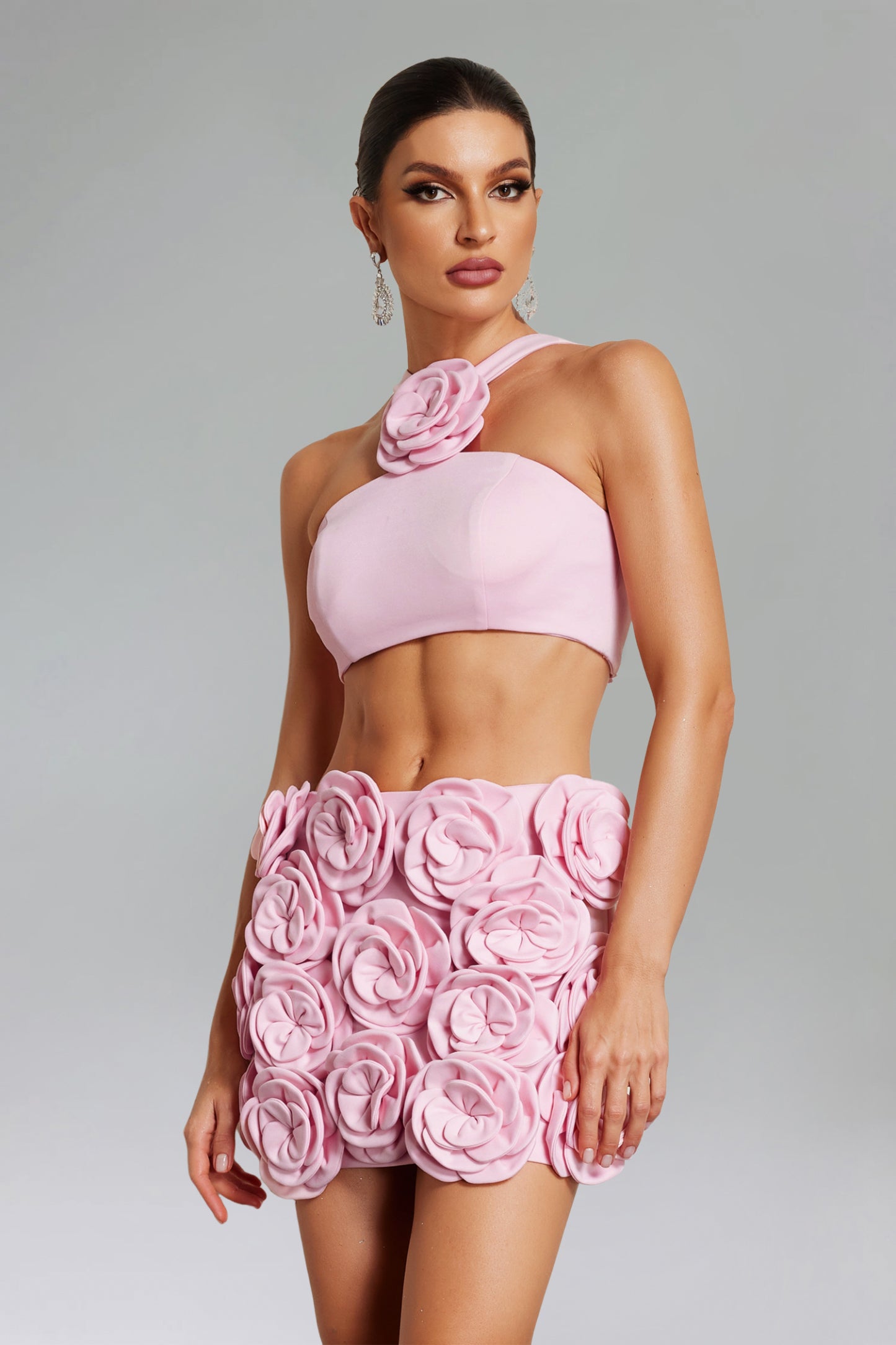 Ezgi Flower Halter Top Mini Skirt Set   Pink