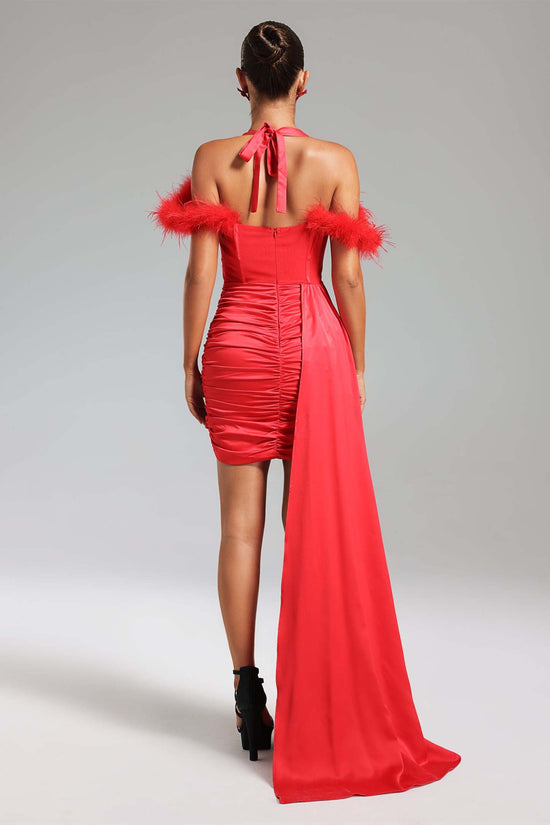Lala Halterneck Feather Satin Mini Dress   Red