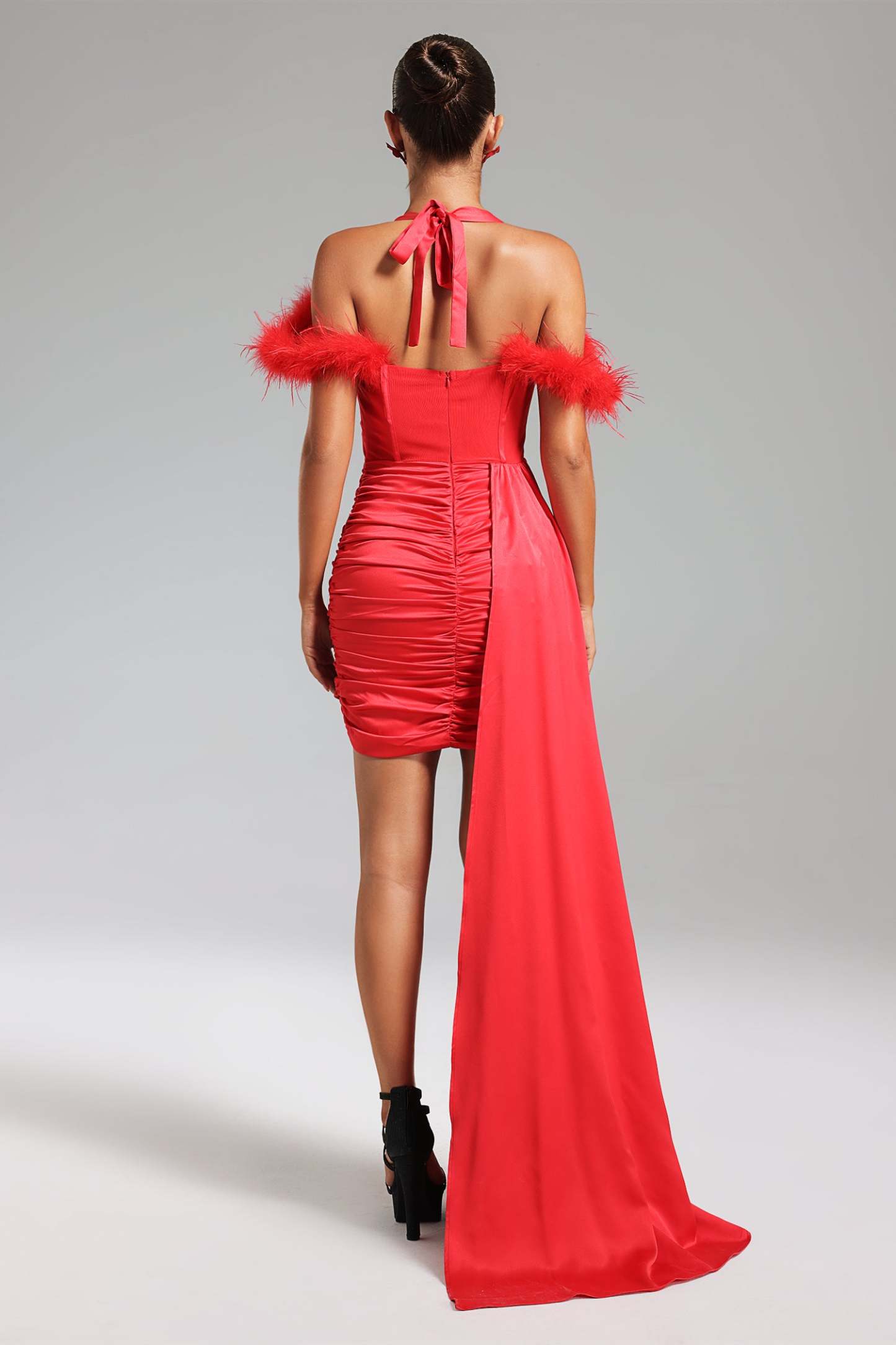 Lala Halterneck Feather Satin Mini Dress   Red