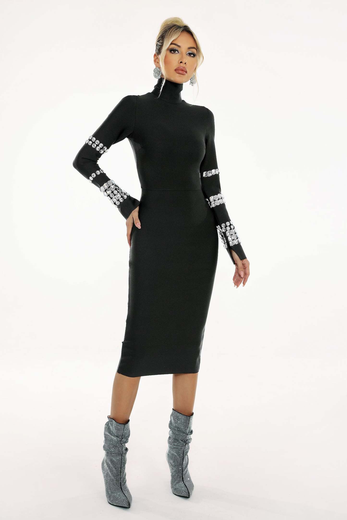 Eurien Diamond Setting Long Sleeve Bandage Mini Dress