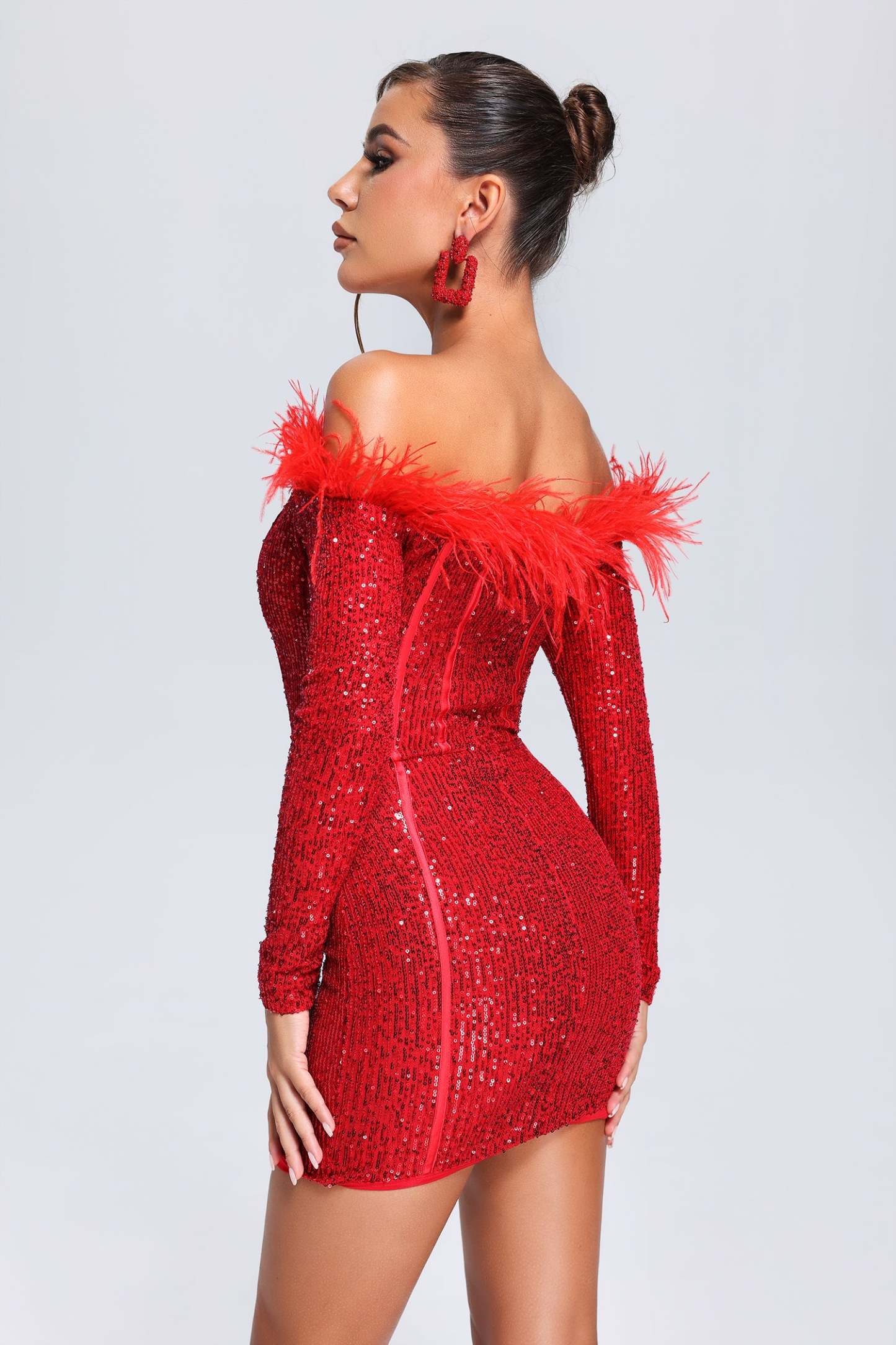 Wooh Feather Sequin Mini Dress   Red